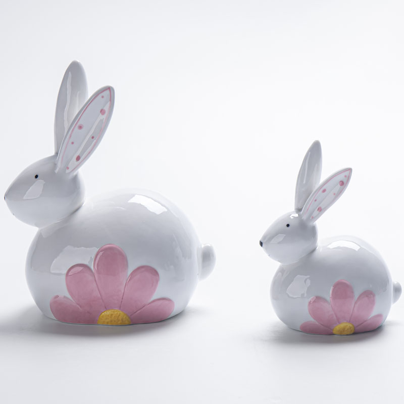Pink Flower Embossed Bunny Ceramic Figurine, Polka Dot Ears
