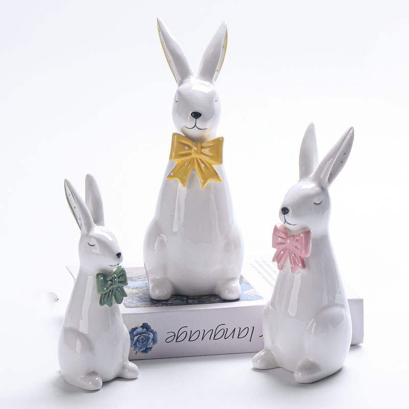White Ceramic Eyes-Closed Smiling Bow-Tie Sitting Rabbit Figurine | Yellow/Pink/Green Polka Dot Bow | Healing Spring Gift