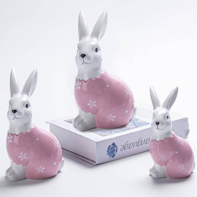 Glossy Porcelain Long Upright Ear Easter Bunny Figurine, Pastel Pink Ditsy Floral & Polka Dot Detail, Sweet Macaron Style Spring Home Festive Decor