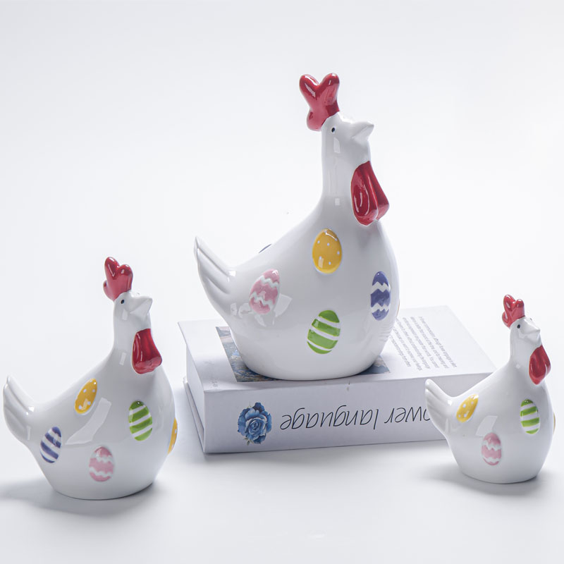 Glossy Ceramic Easter Hen Figurine Set, Embossed Multi‑Color Striped Easter Egg Pattern, Spring Tabletop Home Decor
