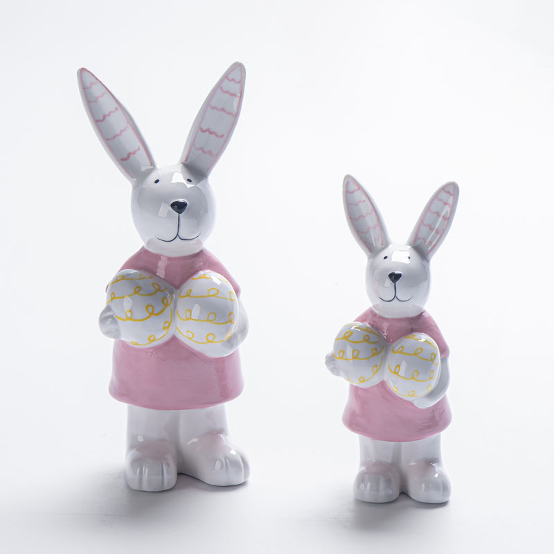 Standing Pink Dress Bunny Holding Yellow Wavy Easter Eggs Ceramic Figurine