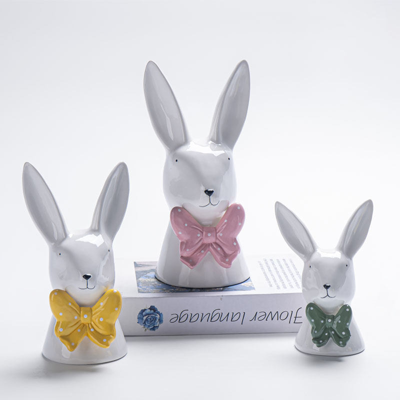 White Ceramic Rabbit Head Bow-Tie Figurine | Pink/Yellow/Green Polka Dot Bow | Fresh Spring Gift