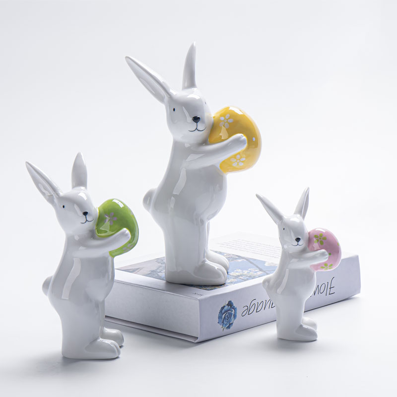 Standing Bunny Holding Floral Easter Egg Ceramic Figurine Set of 3, 3 Colors