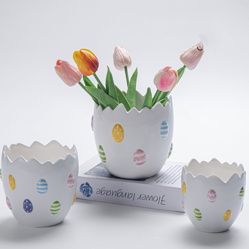 White Ceramic Cracked Egg Easter Planter | Dopamine Color Easter Egg Relief Decor | Fresh Spring Gift