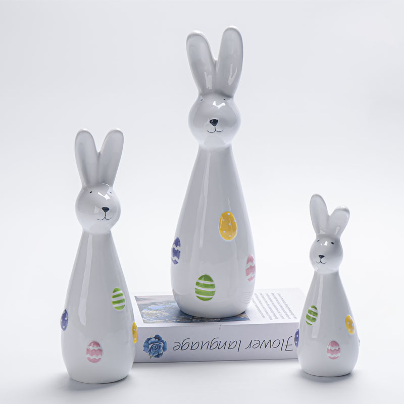 Minimalist Slim White Ceramic Easter Bunny Figurine | Macaron Colorful Striped Egg Accents | Low-Saturation Modern Decor