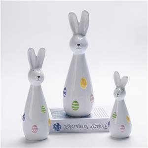 Minimalist Slim White Ceramic Easter Bunny Figurine | Macaron Colorful Striped Egg Accents | Low-Saturation Modern Decor