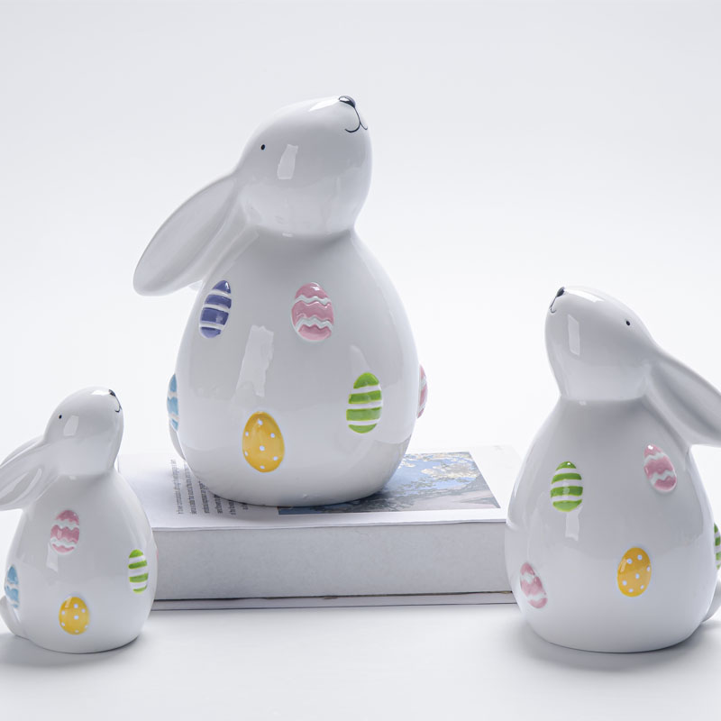 Glossy Ceramic Easter Bunny Figurine Set with Head‑Tilted Looking‑Up Pose & Embossed Easter Egg, Spring Tabletop Home Decor