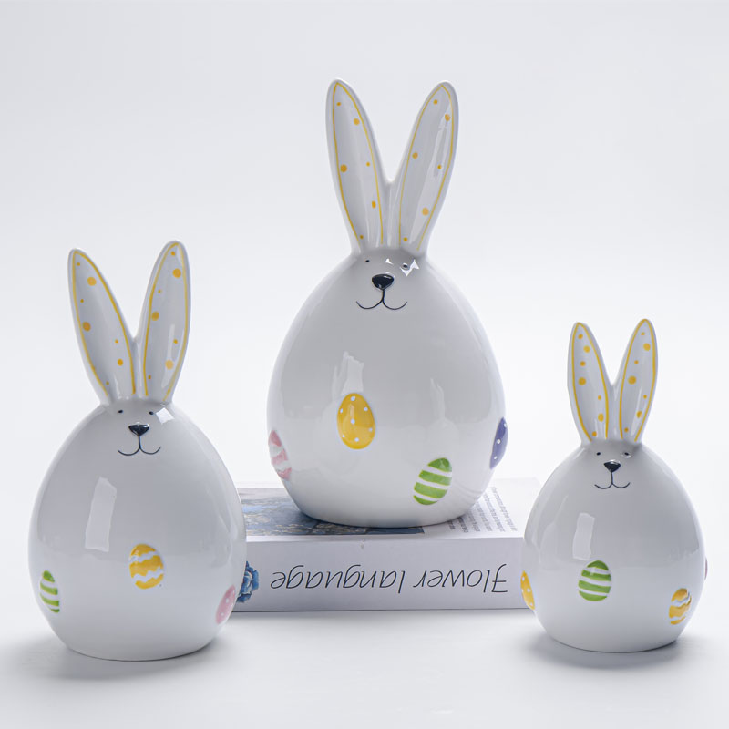 Glossy Egg‑Shaped Ceramic Easter Bunny Figurine Set, Yellow Polka‑Dot Inner Ears & Embossed Colorful Easter Egg Pattern, Spring Tabletop Home Decor