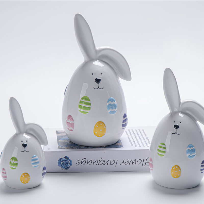 Egg-Shaped Lop-Eared Bunny Ceramic Figurine, Dopamine Color Embossed Easter Egg Decor
