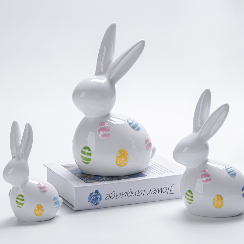 Glossy Lying‑Posture Ceramic Faceless Easter Bunny Figurine Set, Dopamine‑Tone Embossed Easter Egg Pattern, Spring Tabletop Home Decor