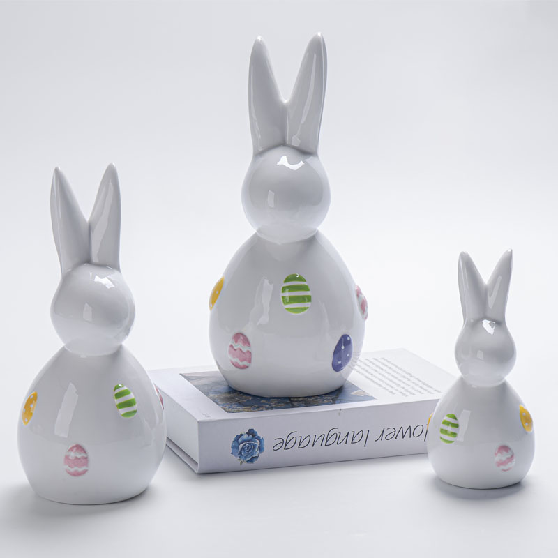 Abstract Long-Eared Faceless Bunny Ceramic Figurine, Dopamine Color Embossed Easter Eggs