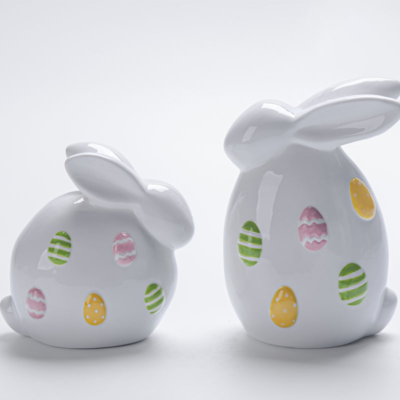 White Ceramic Chubby Faceless Bunny Figurine | Dopamine Easter Egg Relief | Healing Spring Tabletop Decor