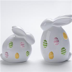 White Ceramic Chubby Faceless Bunny Figurine | Dopamine Easter Egg Relief | Healing Spring Tabletop Decor