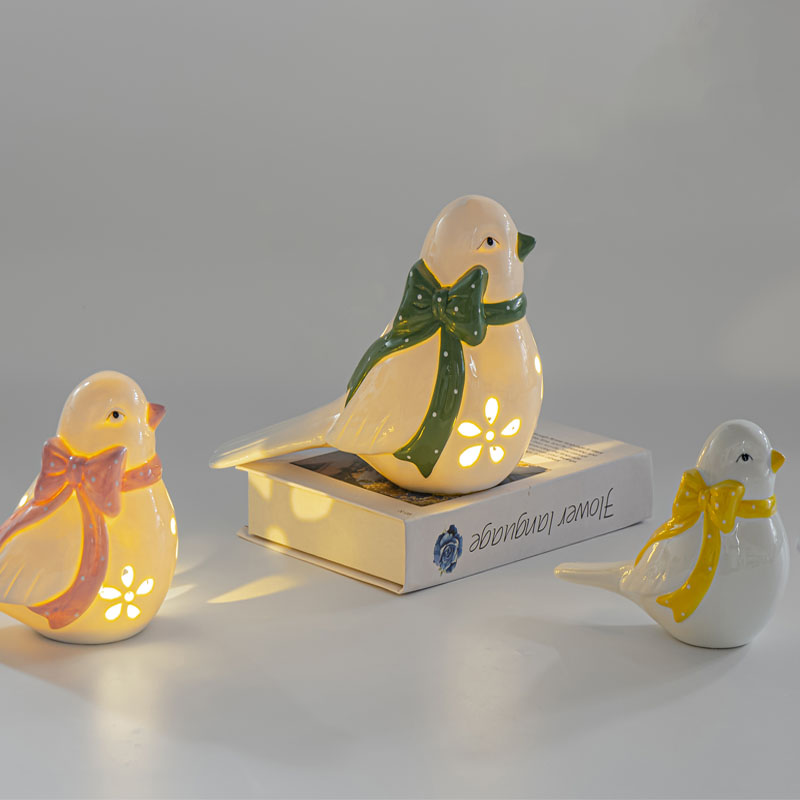 Glossy Ceramic Bird Figurine Set, Floral Cut‑Out LED Light with Polka‑Dot Bow Knot Decoration, Spring Tabletop Home Decor