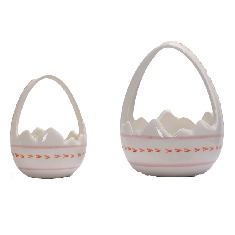 Eggshell-Shaped Handheld Ceramic Storage Basket, Pink & Orange Arrow Pattern