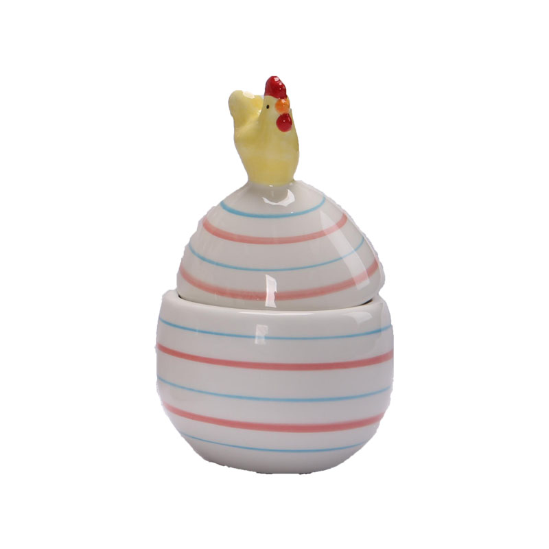 Chick Finial Egg-Shaped Ceramic Storage Jar | Pink & Blue Striped Sugar Bowl | Cute Desktop Decor | Spring Gift