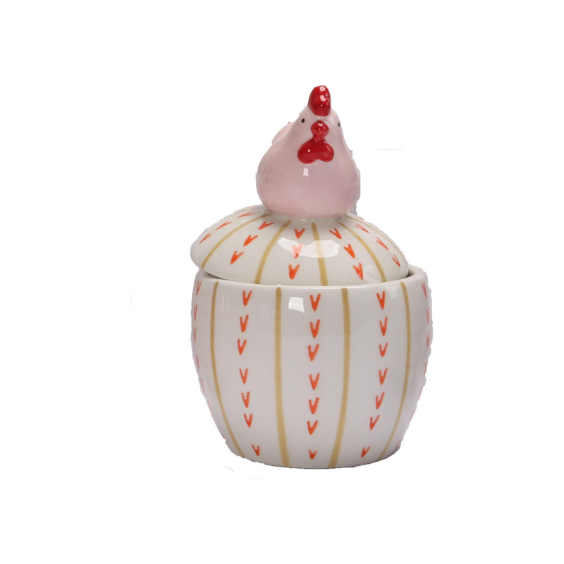 Pink Chicken Head Lidded Ceramic Sugar Bowl | Storage Jar with Lid | Striped V-Pattern | Cute Easter Gift