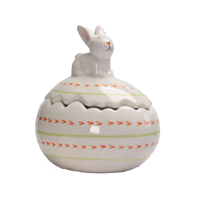 Glossy Ceramic Easter Storage Jar, Cracked‑Egg‑Shape Container With Lying Bunny Lid, Striped Arrow Print, Spring Tabletop Home Decor