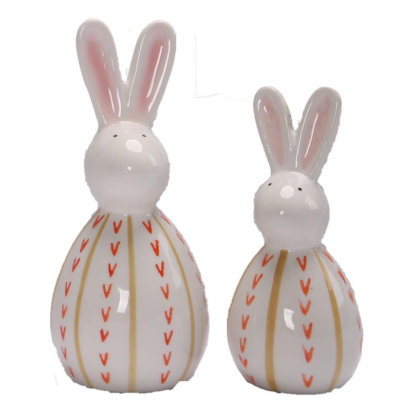 Egg-Bodied Cute Dot-Eyed Bunny Ceramic Figurine, Arrow Stripe Decor