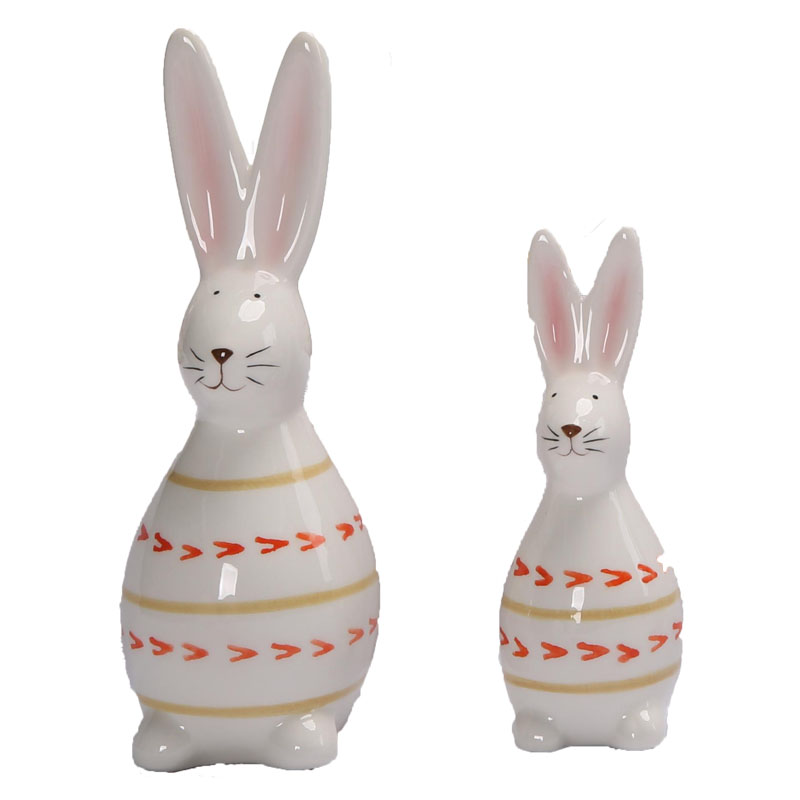 White Ceramic Long-Eared Rabbit Striped Figurine | Hand-Painted Yellow Stripes & Red Arrow Pattern | Fresh Desktop Decor