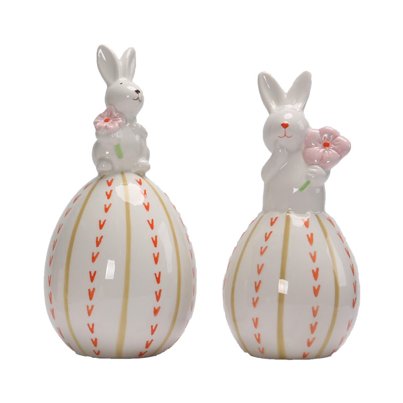 Ceramic Easter Bunny Figurine Holding Pink Cherry Blossom, Decorative Striped Easter Egg, Sweet Girly Macaron‑Tone Spring Home Decor