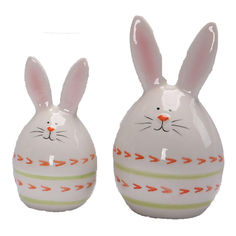 Glossy Egg‑Shaped Ceramic Easter Bunny Figurine Set, Arrow‑Striped Hand‑Painted Pattern, Pink Inner Ears, Spring Tabletop Home Decor