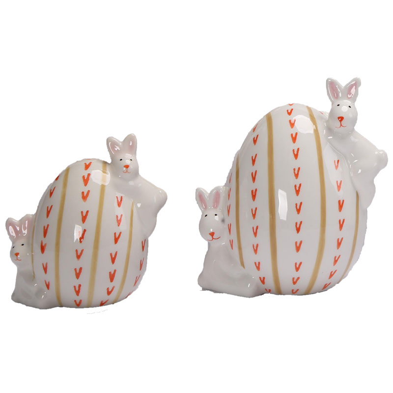 Double Bunny Hugging Striped Easter Egg Ceramic Figurine, Set of 2 Sizes