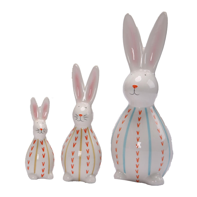White Ceramic Long-Eared Rabbit Vertical Stripe Figurine | Yellow & Blue Stripes with Red V-Motif | Fresh Spring Gift