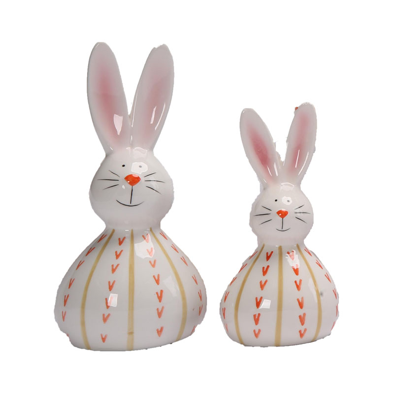 Ceramic Easter Smiling Bunny Figurine, Long Ears With Gradient‑Pink Inner Ear, Striped Decoration, Spring Tabletop Home Decor