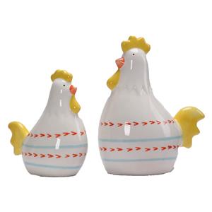 Round Ceramic Hen Figurine with Yellow Comb & Stripe Decor | Fresh Spring Tabletop Accent