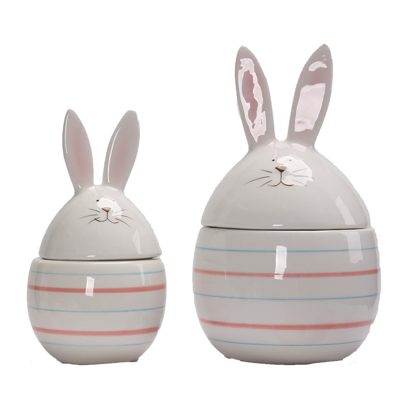 Glossy Striped Ceramic Easter Lidded Storage Jar Set, Bunny‑Head Lid With Pink Inner Ears, Spring Tabletop Home Decor