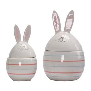 Glossy Striped Ceramic Easter Lidded Storage Jar Set, Bunny‑Head Lid With Pink Inner Ears, Spring Tabletop Home Decor