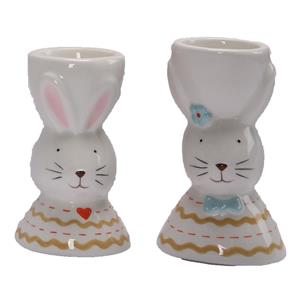 Red & Blue Bunny Shaped Ceramic Candle Holder Set of 2, Heart & Bow Design