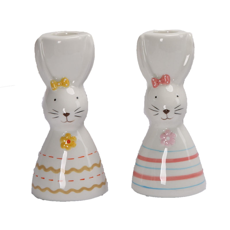 White Ceramic Long-Eared Rabbit Candle Holder | 3D Bow & Flower Accents | Pink & Yellow Color | Cute Desktop Decor