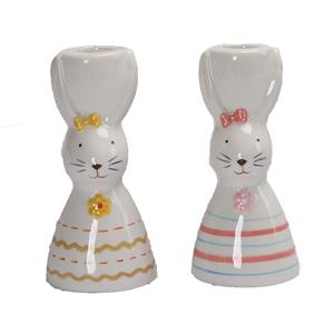 White Ceramic Long-Eared Rabbit Candle Holder | 3D Bow & Flower Accents | Pink & Yellow Color | Cute Desktop Decor