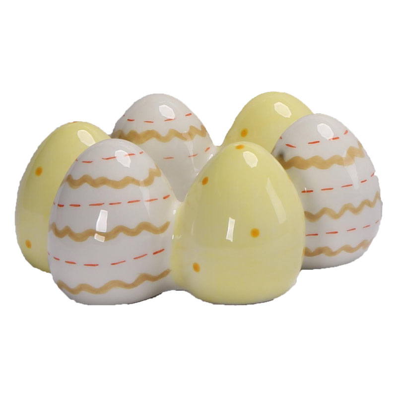 Ceramic Easter Egg Figurine, Hand‑Painted Wavy Lines, Polka‑Dot & Dash‑Line Decoration, Low‑Saturation Spring Tabletop Home Decor