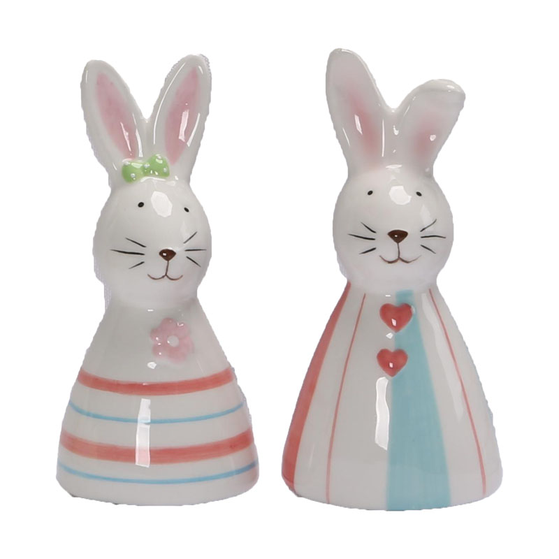 Glossy Cone‑Shaped Ceramic Easter Bunny Figurine Set, Polka‑Dot Bow & Floral Heart Print Decoration, Striped Pattern, Spring Tabletop Home Decor