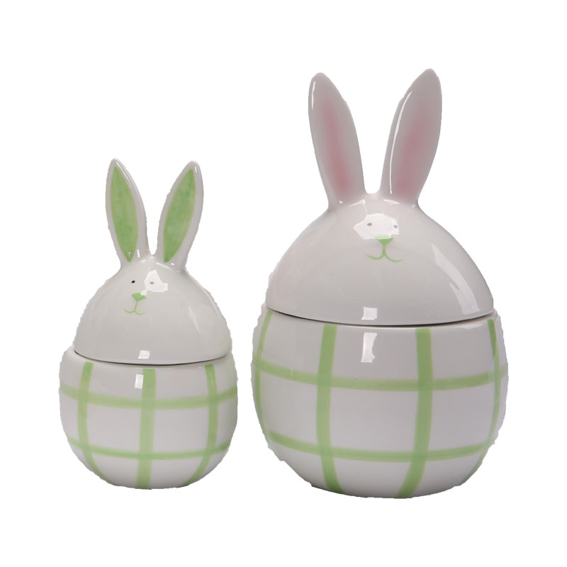 White Ceramic Bunny Ear Egg-Shaped Lidded Storage Jar | Light Green Grid Pattern | Fresh Spring Tabletop Decor