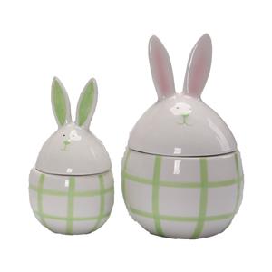 White Ceramic Bunny Ear Egg-Shaped Lidded Storage Jar | Light Green Grid Pattern | Fresh Spring Tabletop Decor