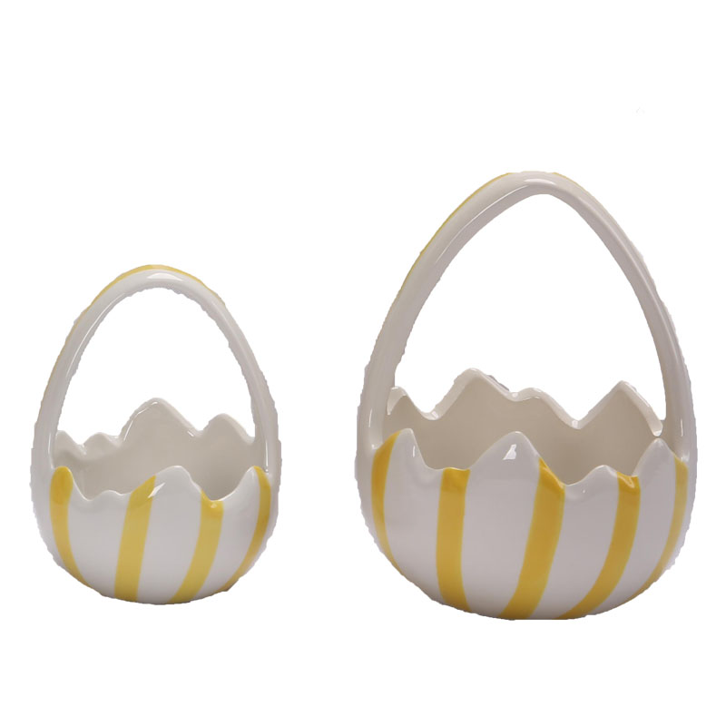 Easter Eggshell Ceramic Hand Basket | Bright Yellow Stripe Accent | Mini Candy Storage