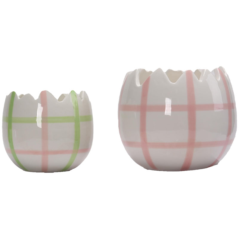 Glossy Cracked‑Egg‑Shape Ceramic Vase Set, Pastel Pink‑Green Plaid Print, Scalloped Rim, Spring Tabletop Home Decor