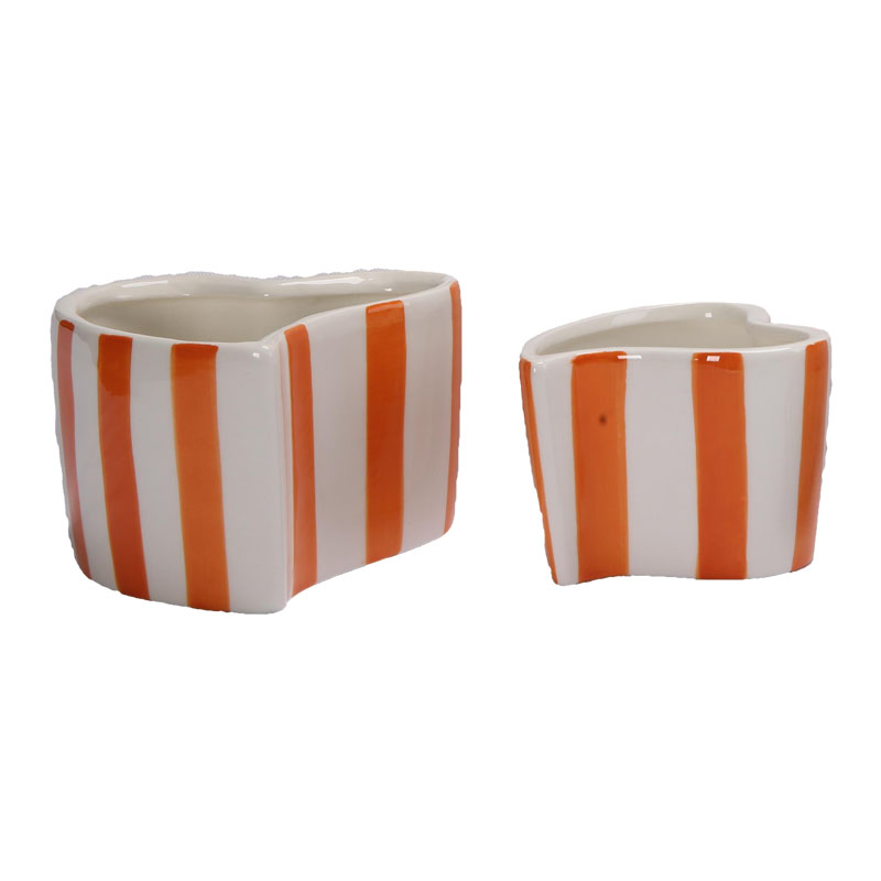 Heart-Shaped Orange & White Striped Ceramic Planter Set of 2