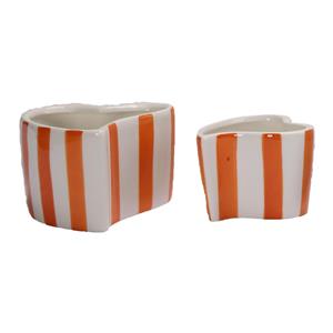 Heart-Shaped Orange & White Striped Ceramic Planter Set of 2