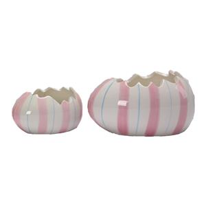 White Ceramic Pink & Blue Striped Cracked Egg Planter | Fresh Spring Tabletop Decor