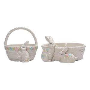 Bunny & Macaron Color Floral Woven-Texture Ceramic Storage Basket, Set of 2 Styles