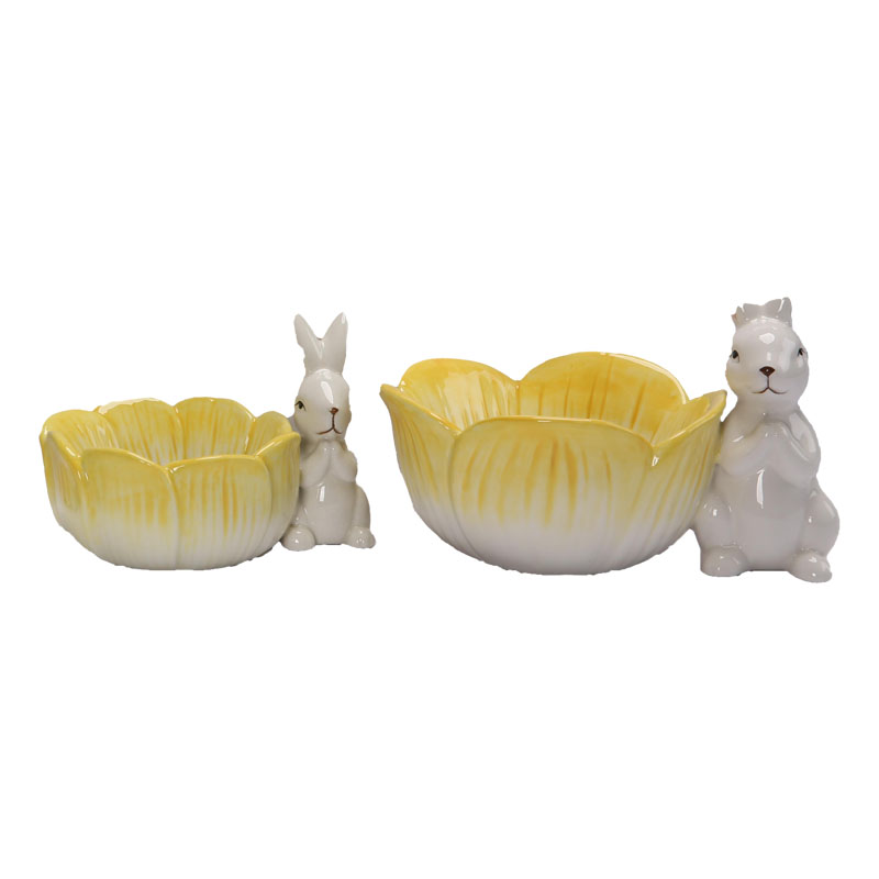 White Ceramic Yellow Glaze Petal Bowl Rabbit Figurine | Gradient Yellow Petal Bowl | Fresh Desktop Decor