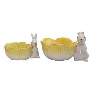White Ceramic Yellow Glaze Petal Bowl Rabbit Figurine | Gradient Yellow Petal Bowl | Fresh Desktop Decor