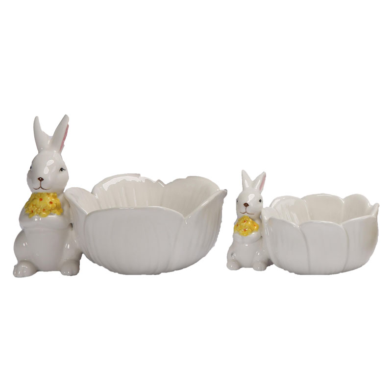 Ceramic Easter Bunny Decor Storage Bowl Holding Yellow Flower, Long Ears With Gradient‑Pink Inner Ear, Mini Candy Storage, Spring Tabletop Home Decor