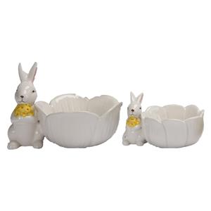 Ceramic Easter Bunny Decor Storage Bowl Holding Yellow Flower, Long Ears With Gradient‑Pink Inner Ear, Mini Candy Storage, Spring Tabletop Home Decor
