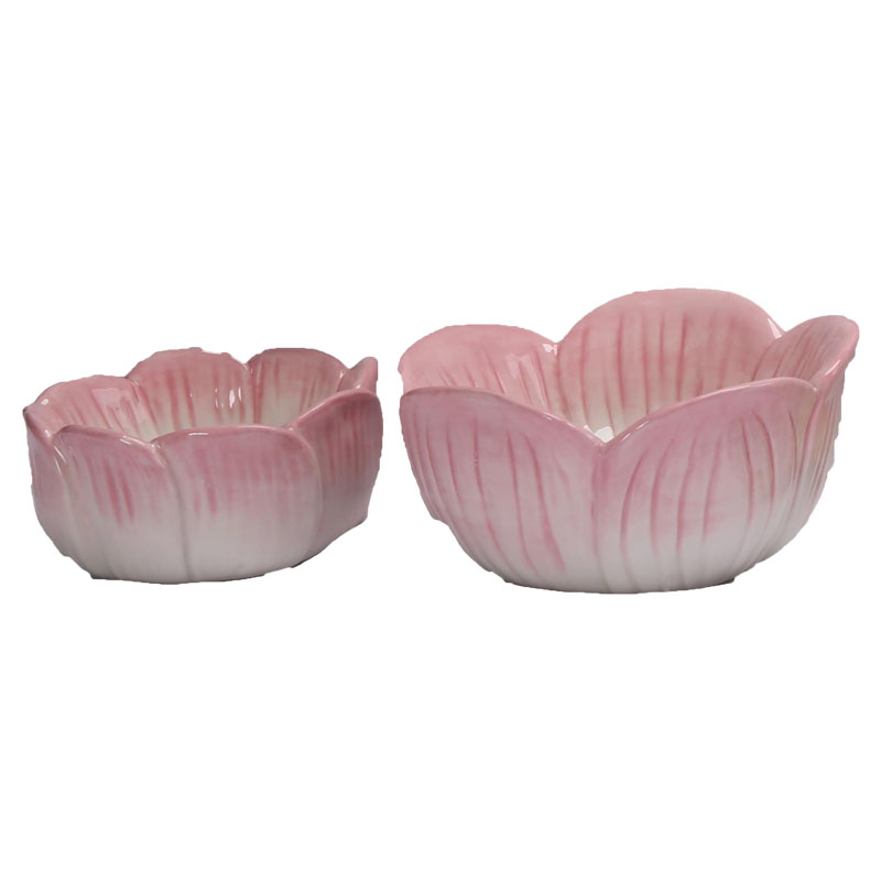 Glossy Ceramic Petal‑Shaped Bowl Set, Gradient Pink Floral Design, Spring Tabletop Home Decor